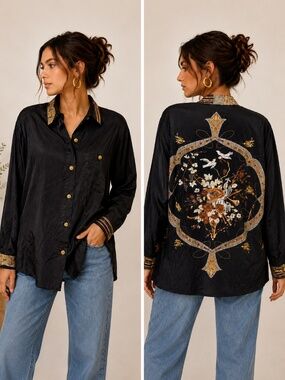 Apart Black 100% Silk Button Front Blouse Bird Floral Print Back Size 14 Luxury